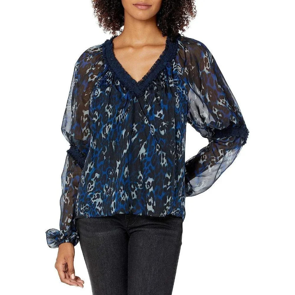 Ramy Brook Women's Leopard 100% Silk Printed Bea Long Sleeve Top Size XXS